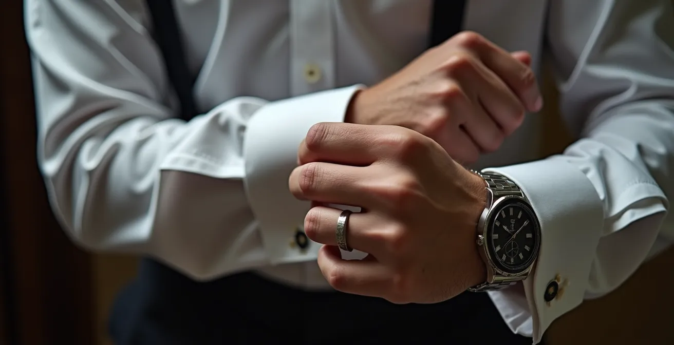 Composizione minimalista di accessori maschili professionali in acciaio