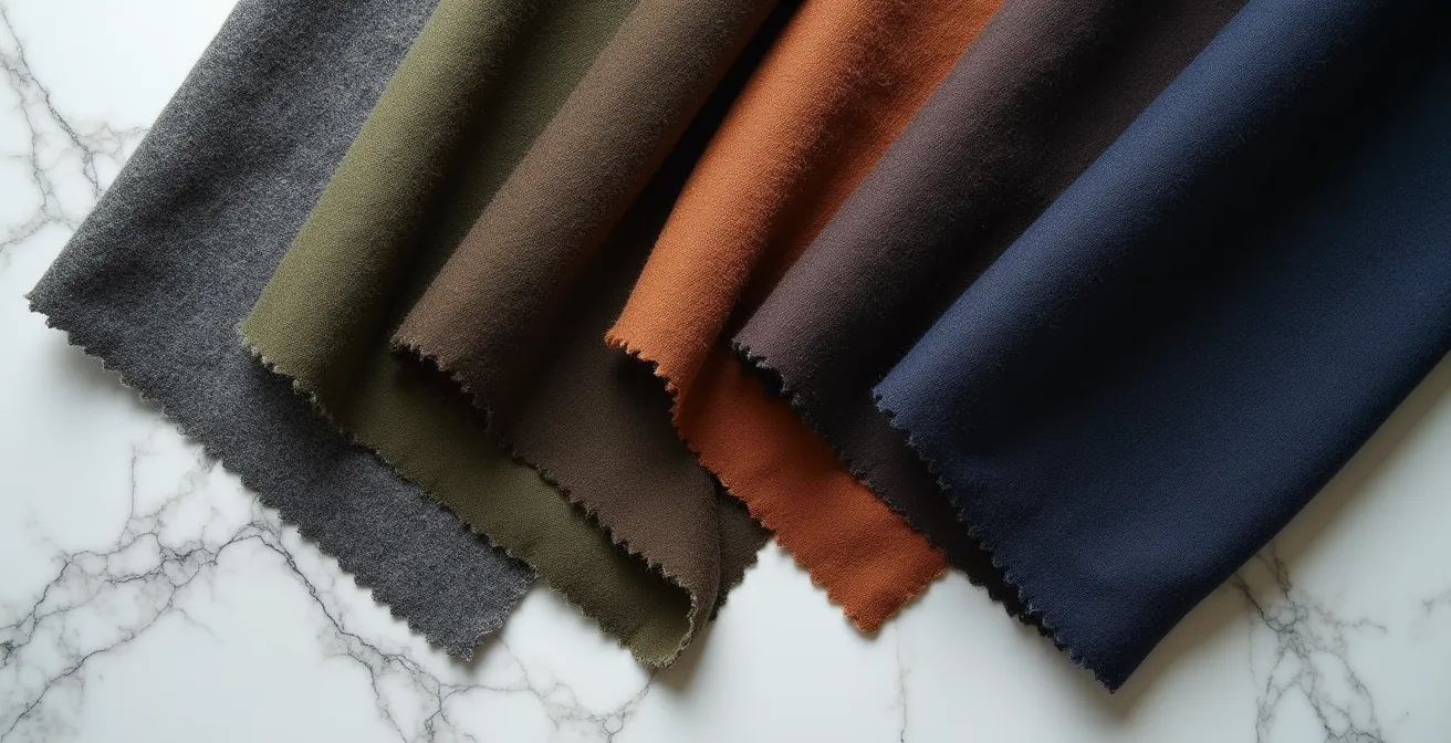 Palette di tessuti in diverse tonalità scure alternative al nero disposte su superficie chiara