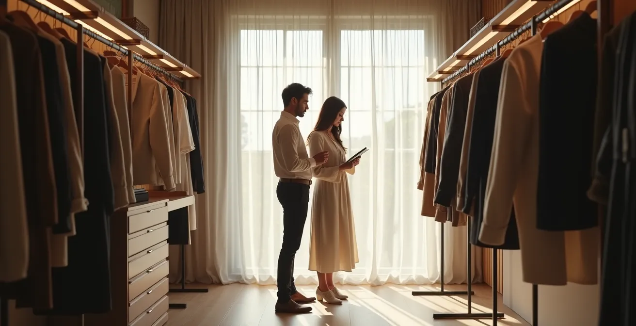 Sessione di analisi del guardaroba con consulente di moda e cliente
