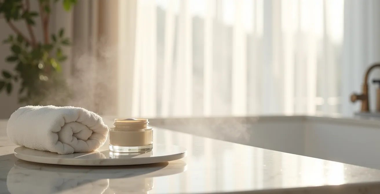 Ambiente bagno minimalista con vapore e texture di crema idratante su superficie di marmo
