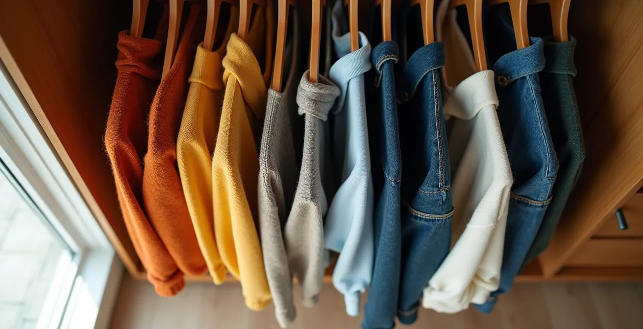 Vista dall'alto di un armadio aperto con capi organizzati per colore secondo la ruota cromatica
