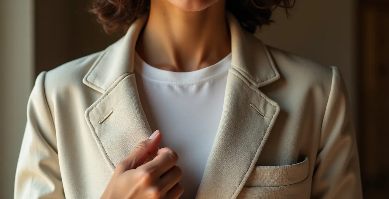 Dettaglio di blazer destrutturato indossato con disinvoltura all'italiana