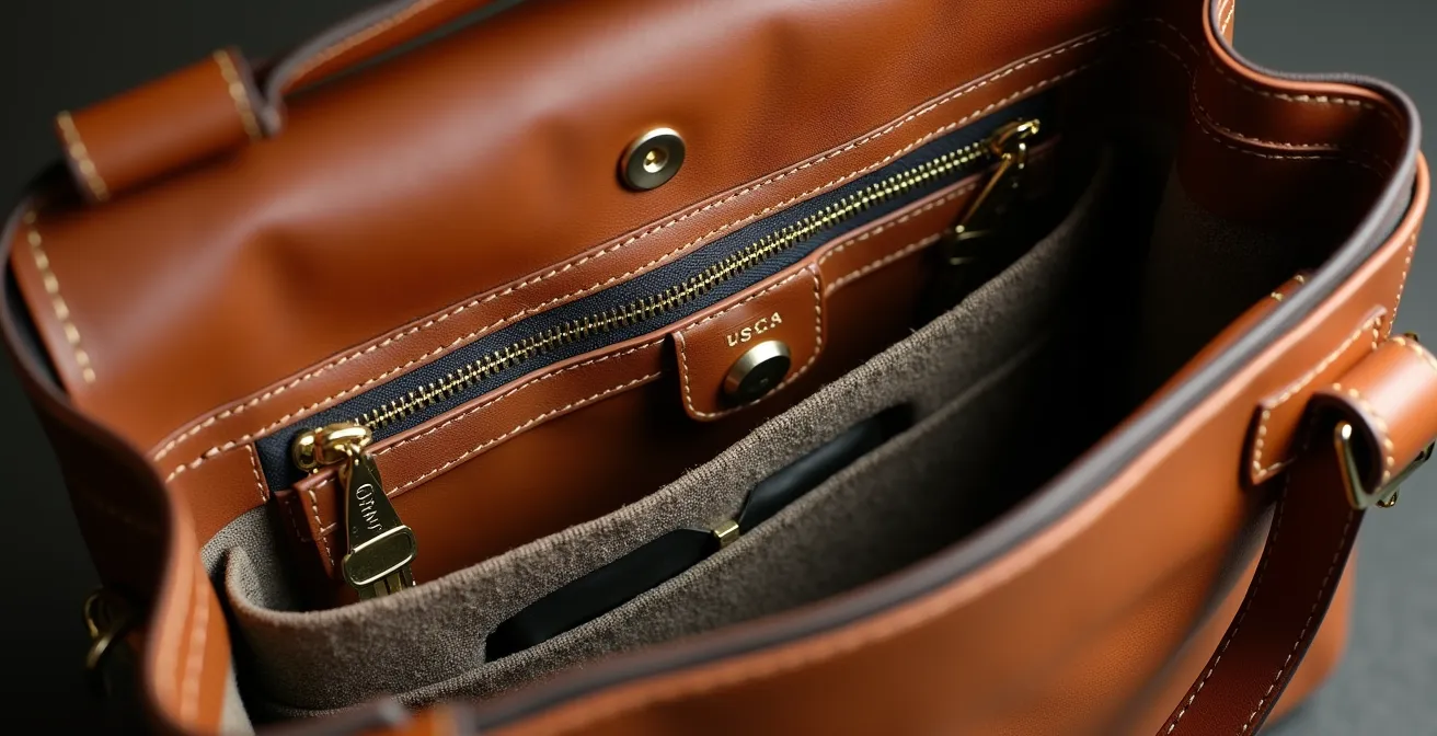 Vista macro di una borsa italiana aperta con sistema di organizzazione interna e scomparti intelligenti