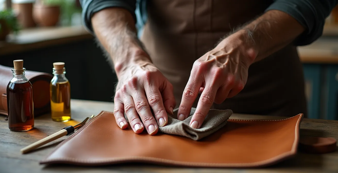 Mani esperte che trattano delicatamente una borsa in pelle con prodotti naturali