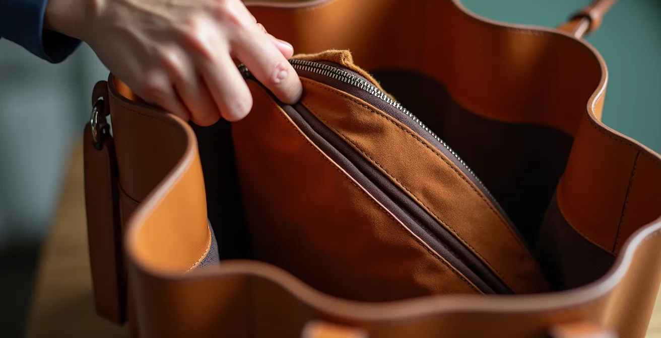 Borsa tote elegante con pochette interna estraibile su scrivania minimalista