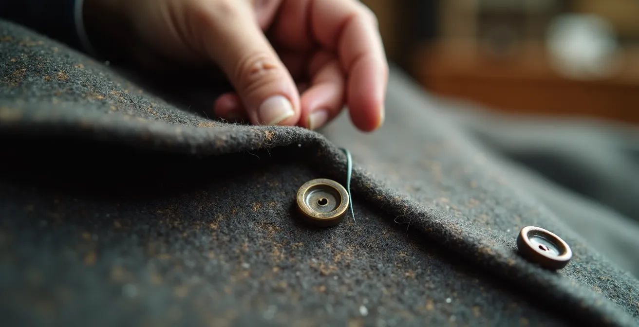 Dettaglio macro di bottoni vintage italiani su cappotto di lana