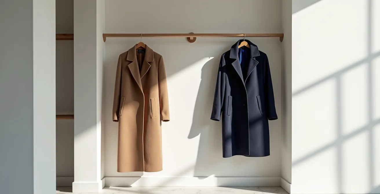 Cappotto cammello e trench blu appesi in armadio professionale italiano