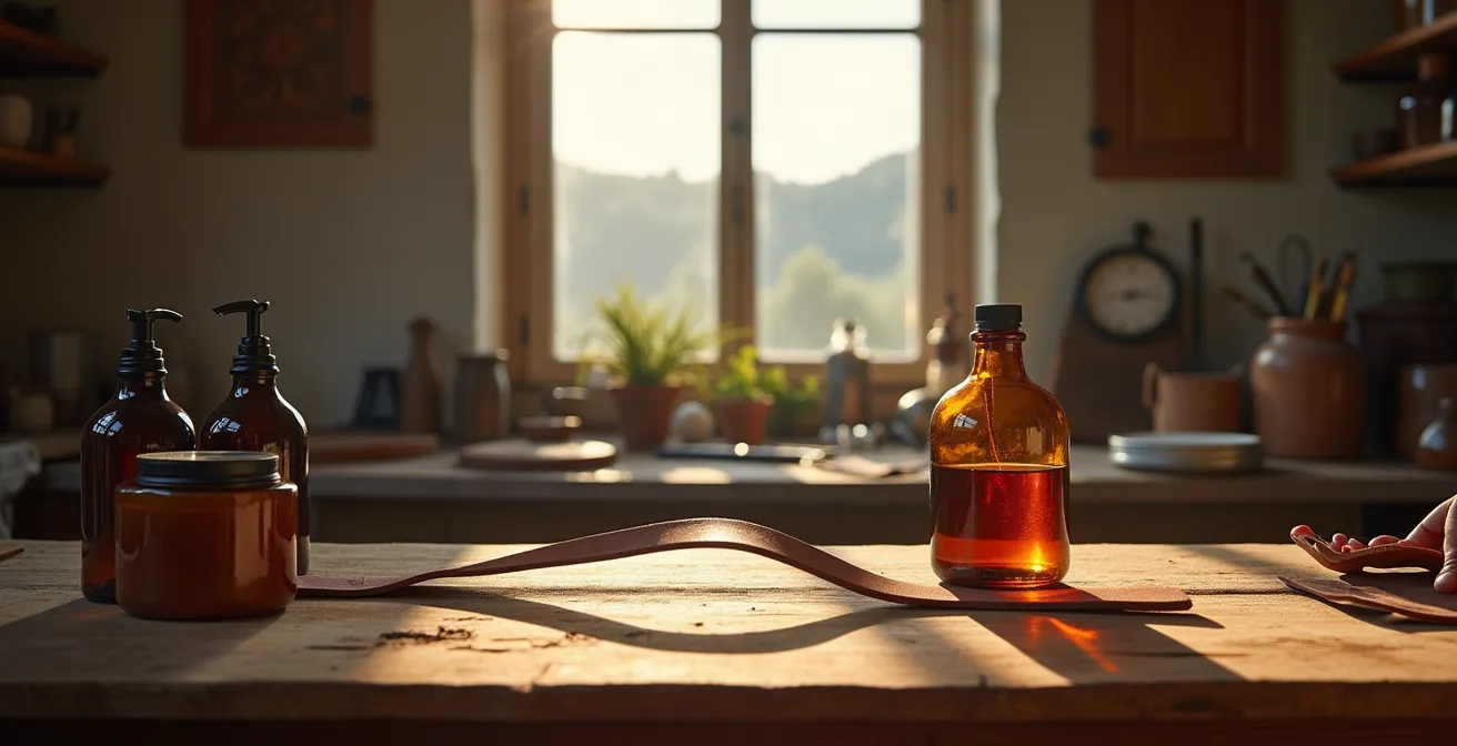 Mani artigiane italiane applicano crema nutriente su cintura in cuoio toscano