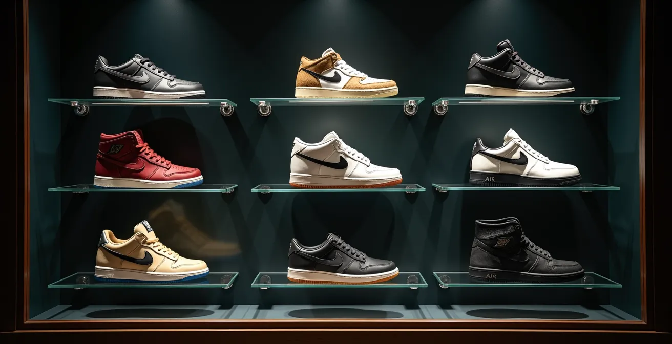 Collezione di sneakers da investimento esposte in vetrina minimalista con illuminazione professionale