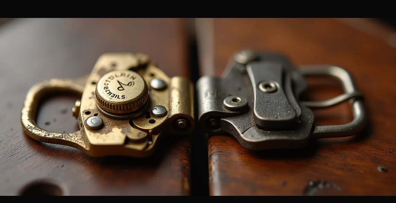 Dettaglio macro di meccanismi di fibbie girevoli in ottone e zama su piano di legno italiano