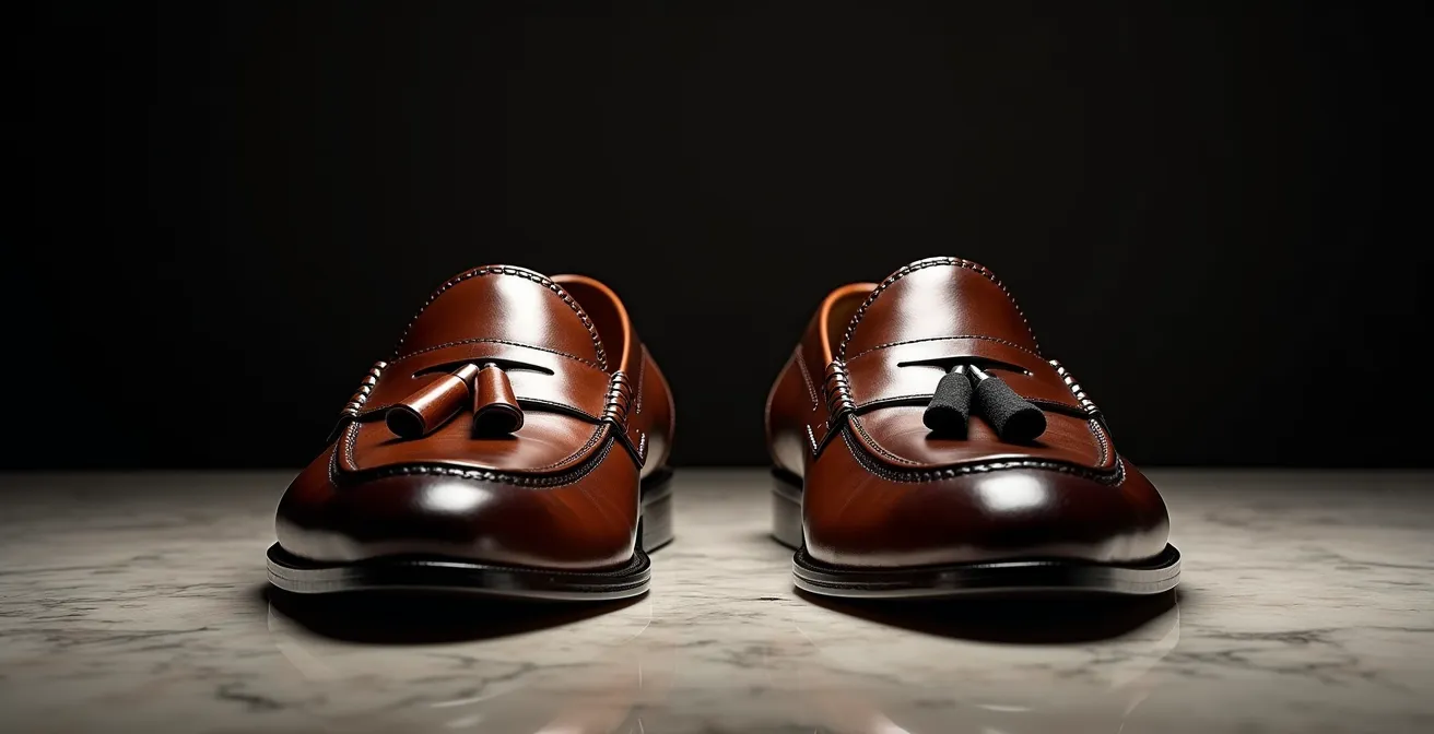 Due mocassini affiancati, uno con nappine e uno penny loafer, su superficie di marmo