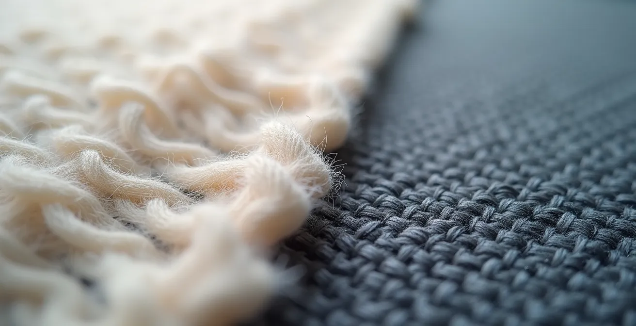 Confronto visivo tra fibre di cashmere naturale e tessuto sintetico