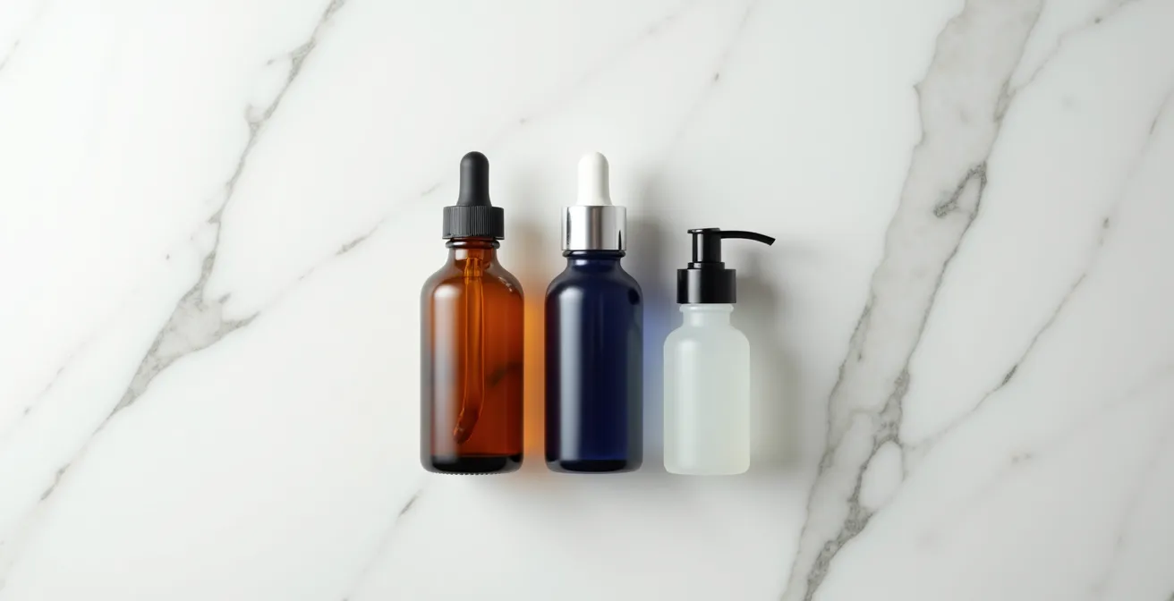 Composizione minimalista di flaconi di siero di diverse fasce di prezzo