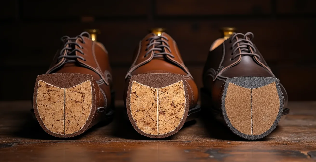 Sezione trasversale di scarpe con diverse costruzioni della suola