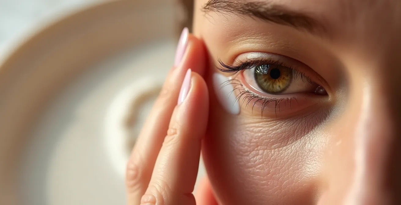 Applicazione delicata di crema contorno occhi con massaggio specifico sulla palpebra superiore per un effetto liftante.