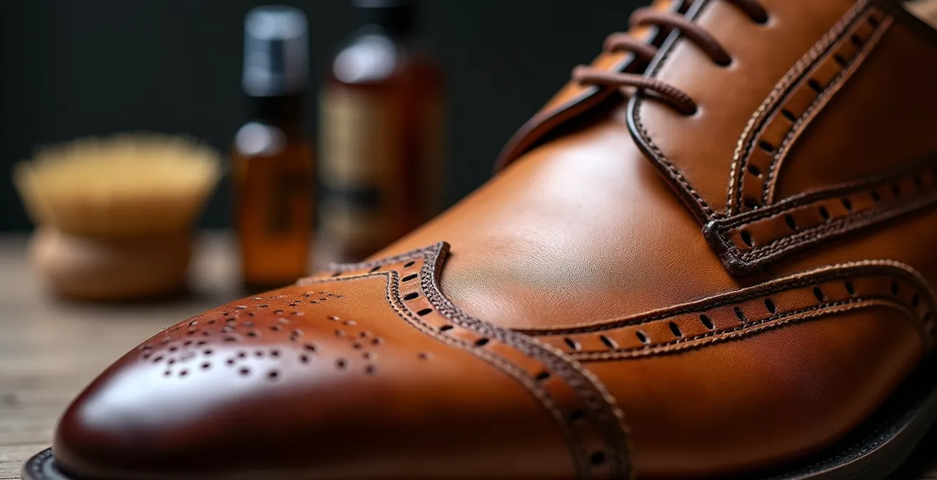 Dettaglio ravvicinato di scarpe in pelle curate con prodotti di manutenzione