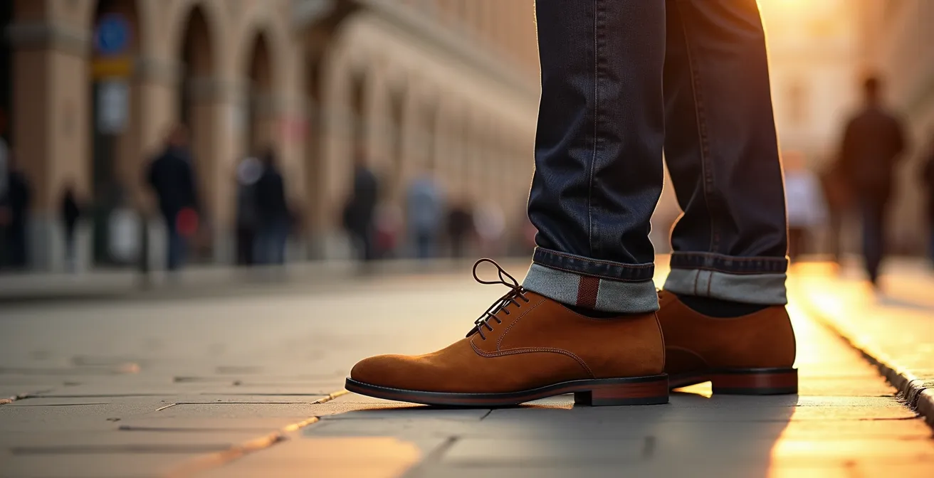 Uomo elegante con derby e jeans in ambiente urbano milanese al tramonto