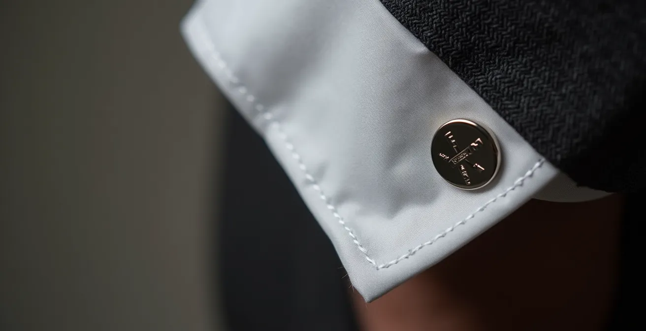 Macro dettaglio di polsino camicia con gemelli artigianali italiani