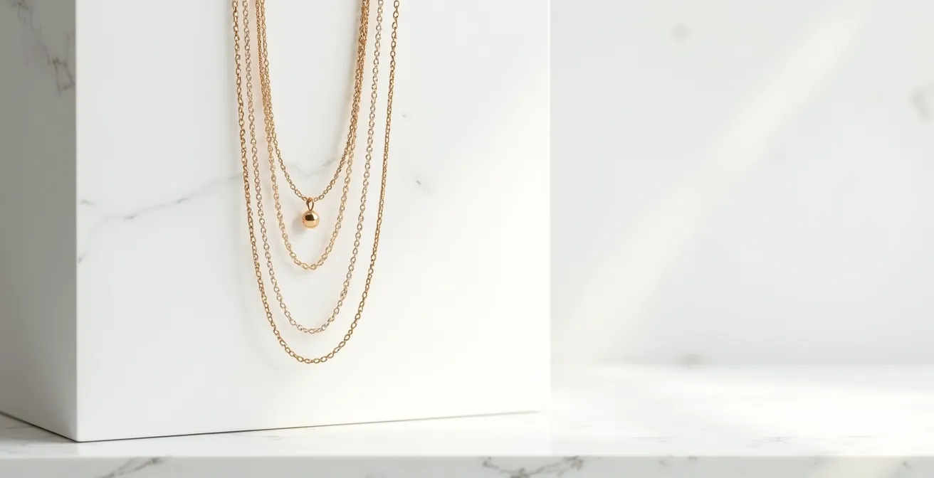 Dettaglio di un distanziatore per collane che mantiene separate tre catene di diverso spessore