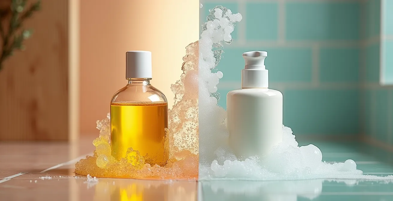 Texture di due detergenti diversi che si mescolano su pelle bagnata