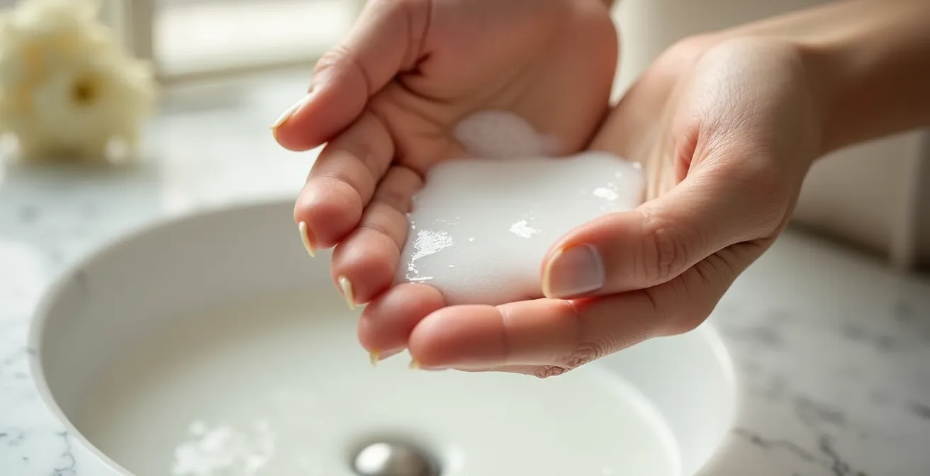 Mani che emulsionano olio detergente creando texture lattiginosa