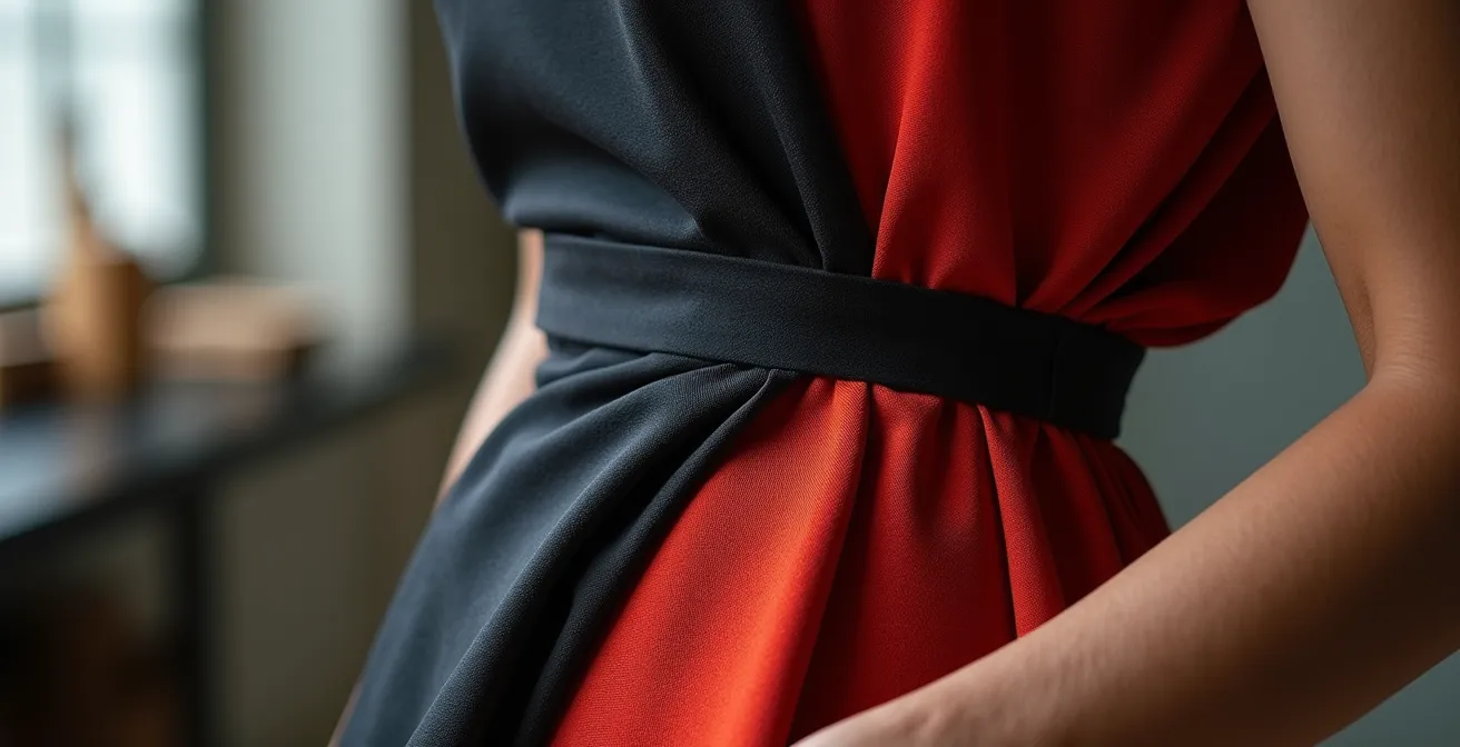 Abito drappeggiato che nasconde il punto vita con tessuto strutturato