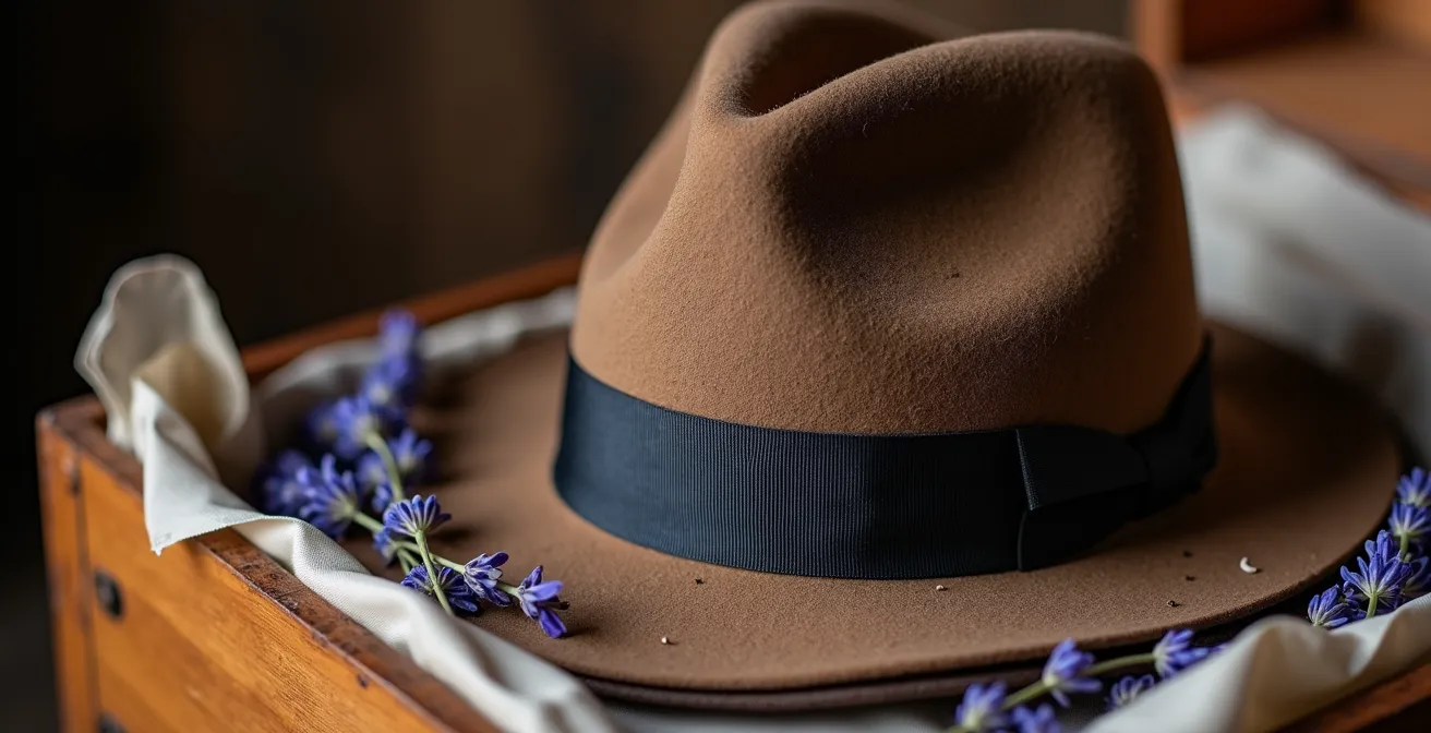 Fedora riposto correttamente in cappelliera con elementi protettivi naturali