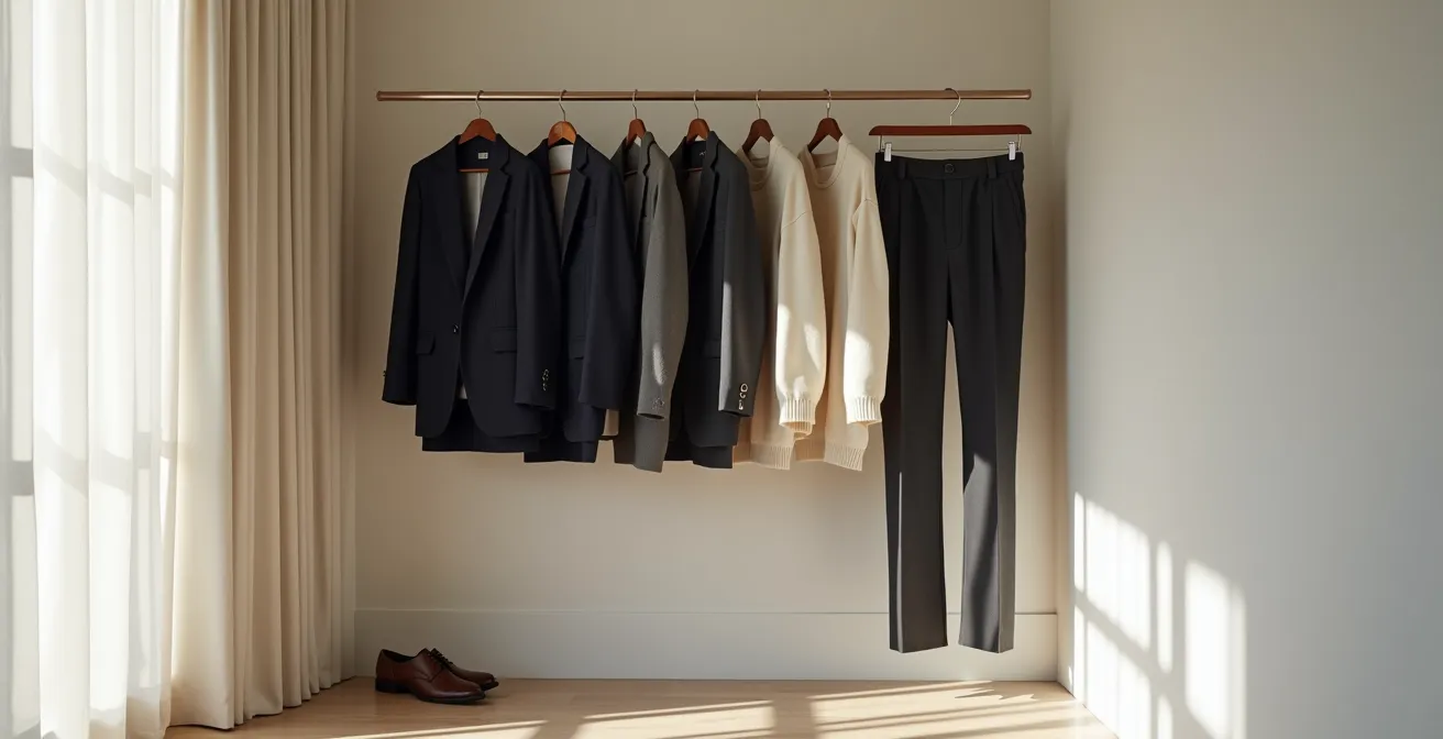 Guardaroba minimalista con capi sartoriali italiani disposti con eleganza