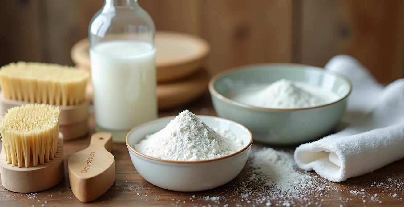 Kit di pulizia naturale per sneakers con bicarbonato, aceto e spazzole su tavolo di legno