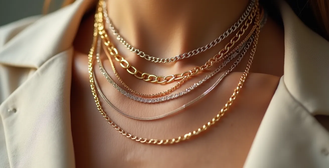 Collo femminile con stratificazione di collane in oro e argento di diverse lunghezze e texture