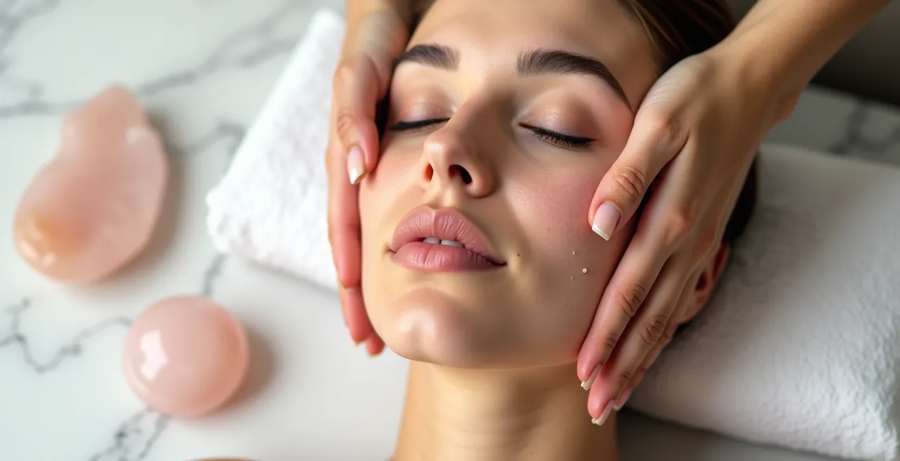 Primo piano di mani che eseguono un massaggio facciale con movimento delicato