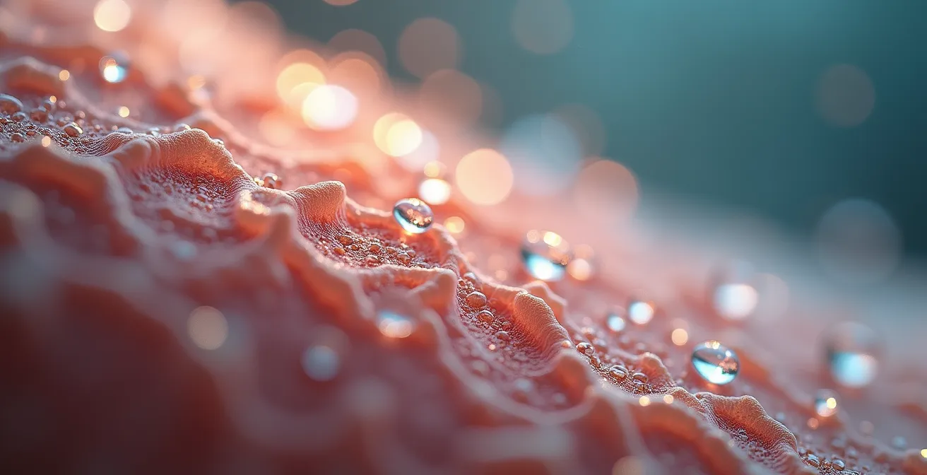 Vista macro della superficie della pelle con rappresentazione simbolica del microbioma protettivo