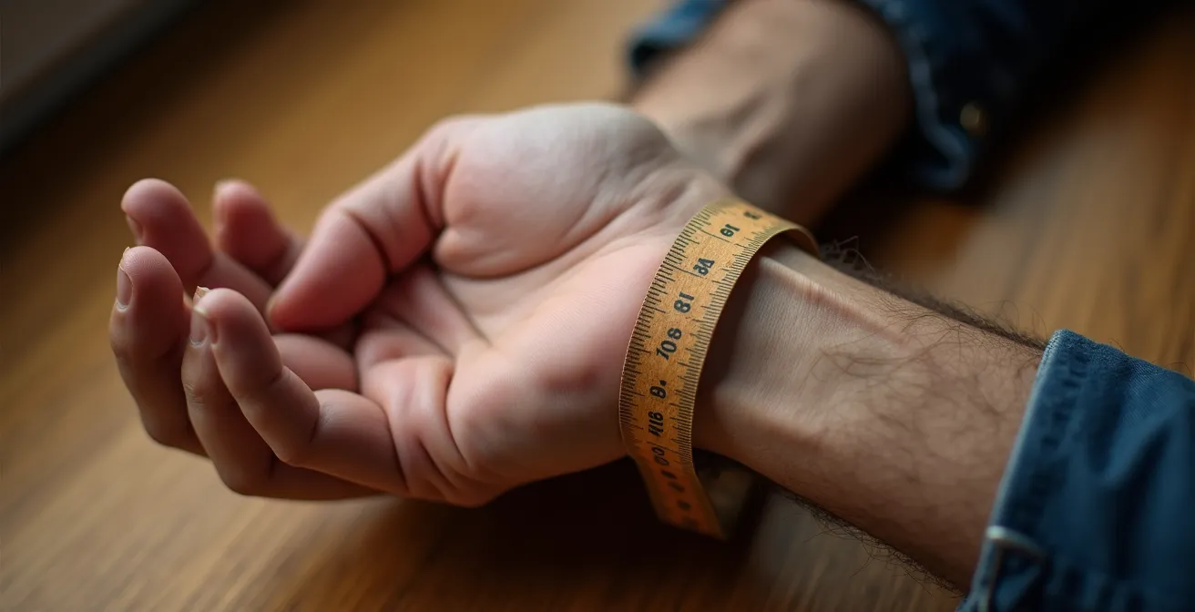 Mano maschile con metro sarto che misura circonferenza del polso