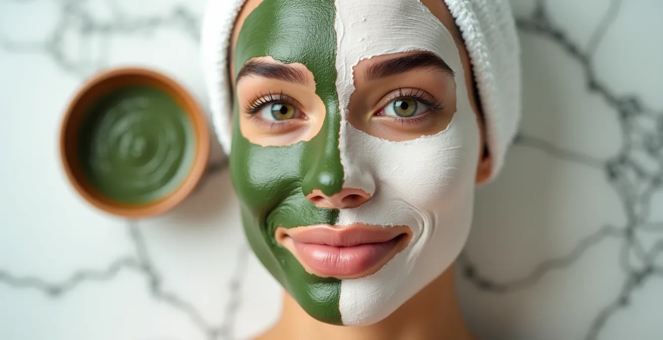 Applicazione strategica di maschere diverse su zone del viso, con argilla verde sulla zona T e una maschera bianca idratante sulle guance.