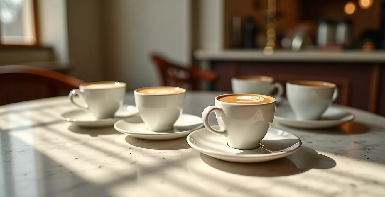 Tazzine di caffè italiano in diverse gradazioni dal cappuccino all'espresso accostate a campioni di tessuto