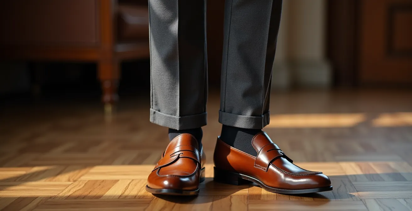 Gambe maschili con pantaloni sartoriali che terminano sopra il malleolo con mocassini