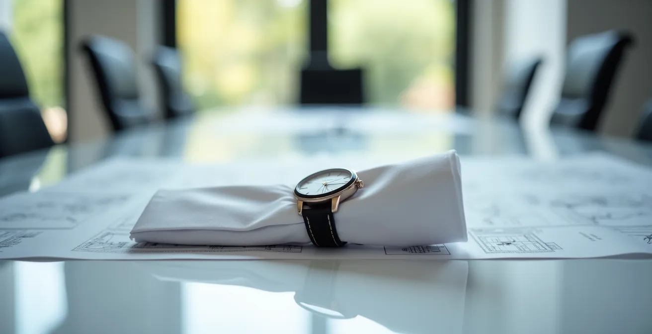 Dettaglio di polsino camicia sartoriale con orologio dress watch sottile