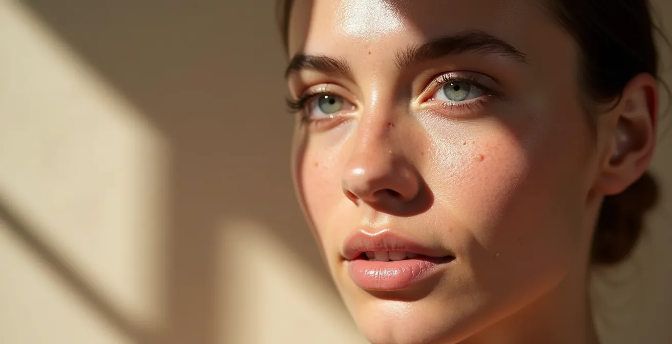 Primo piano di pelle del viso con focus sulla zona T che mostra texture mista