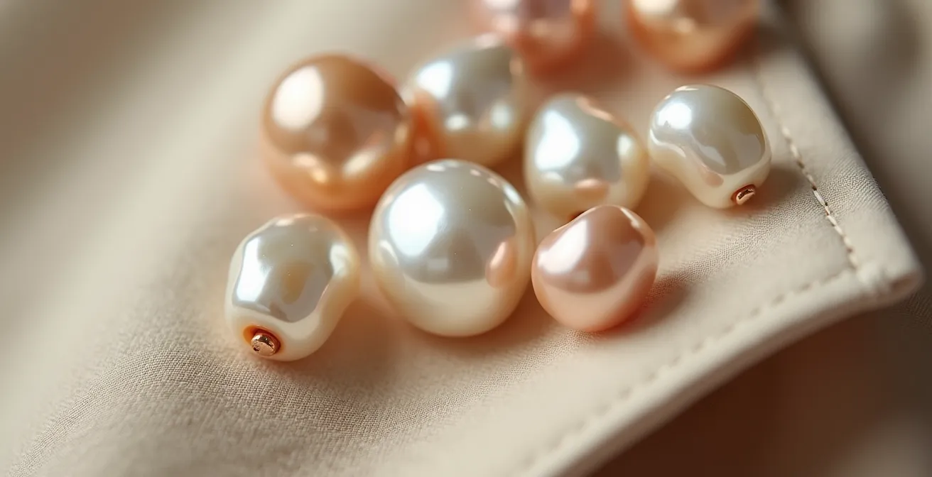 Dettaglio macro di perle barocche contemporanee su tessuto gabardine beige