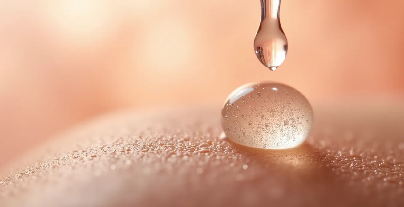 Texture macro di siero con acido salicilico su pelle con leggera esfoliazione controllata