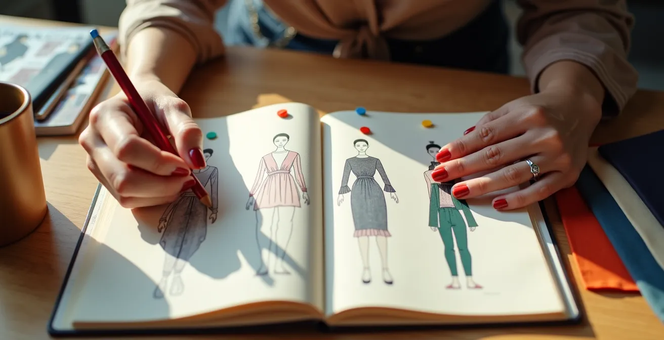 Quaderno dello stile fatto a mano con schizzi di outfit e campioni di tessuto