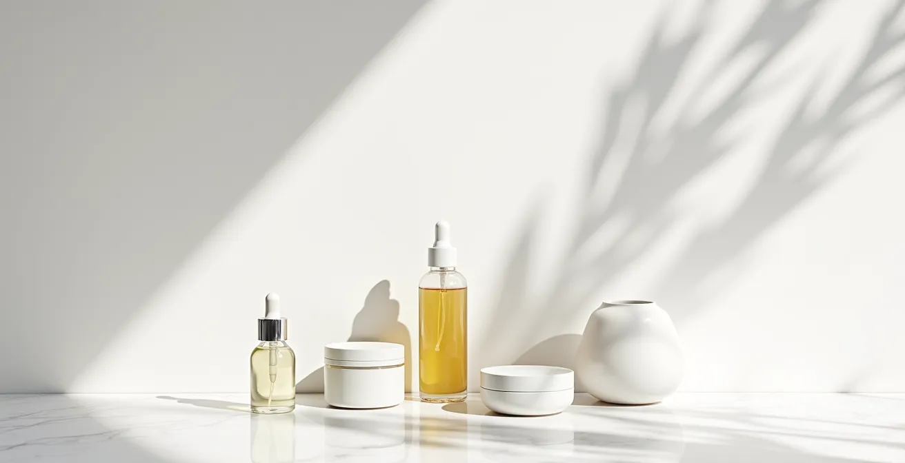 Tre flaconi essenziali disposti su marmo italiano con ombre geometriche