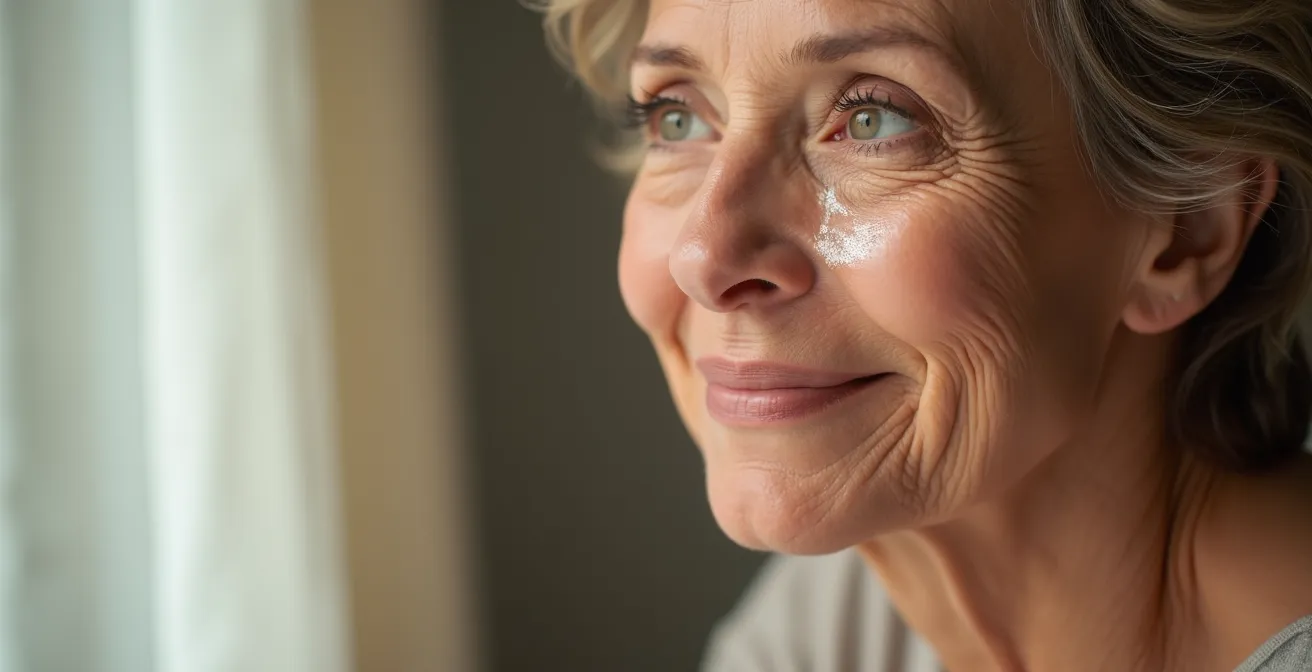 Texture cremosa di balsamo occlusivo su pelle matura vista in macro