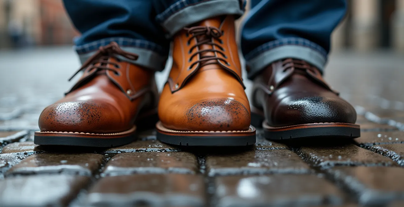 Dettaglio macro di diverse suole per scarpe eleganti su pavé romano bagnato