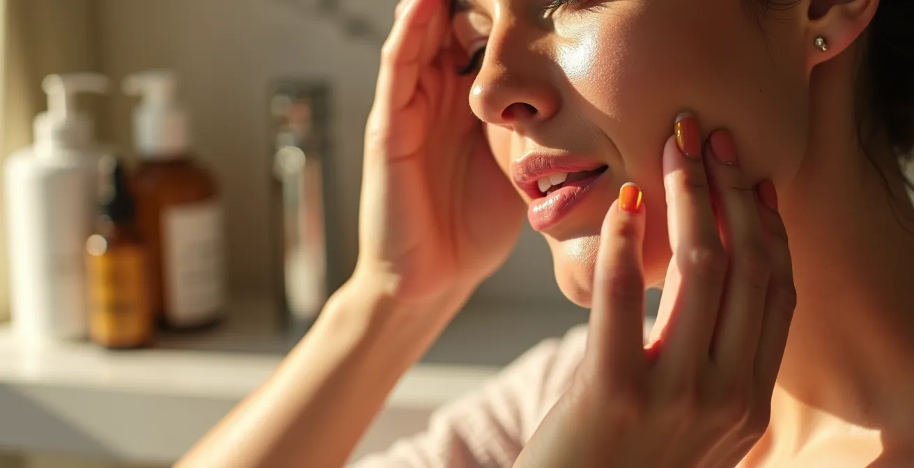 Primo piano di mani femminili che applicano siero sul viso con tecnica del tapping