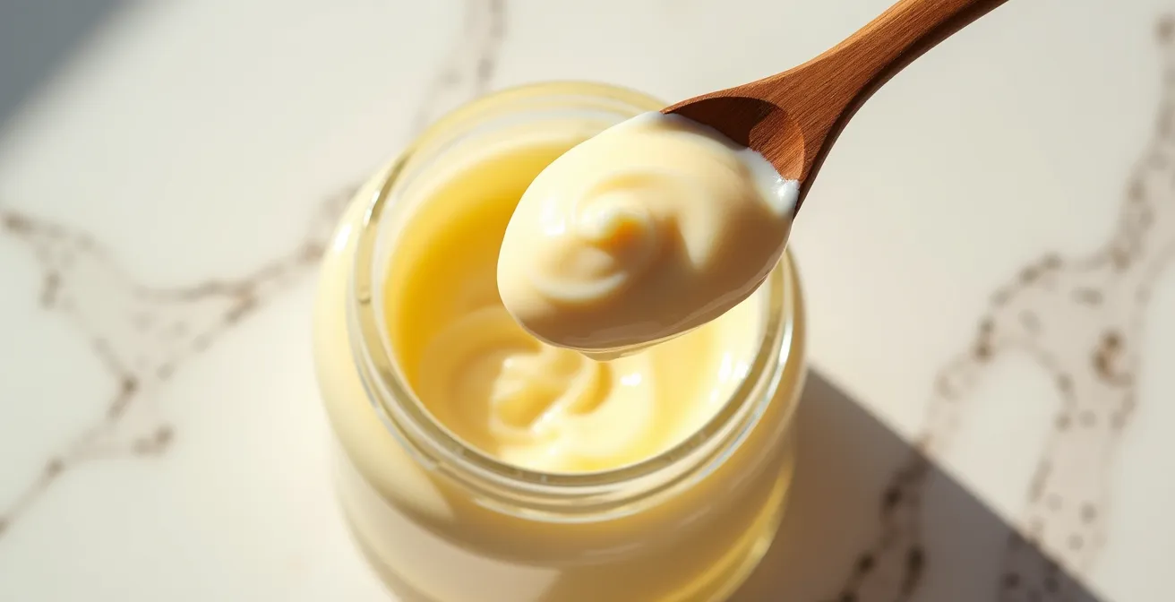 Texture ricca e burrosa di una crema viso nutriente, ideale per la pelle matura e secca.
