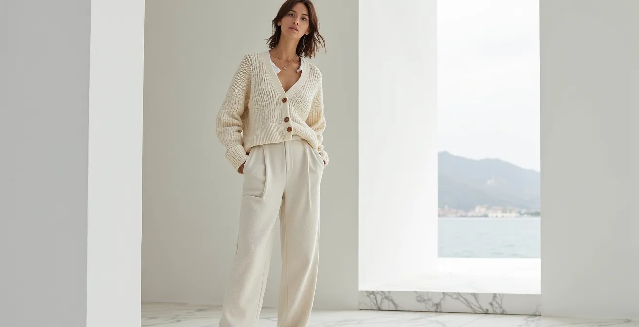 Look total white invernale con diverse texture per creare profondità