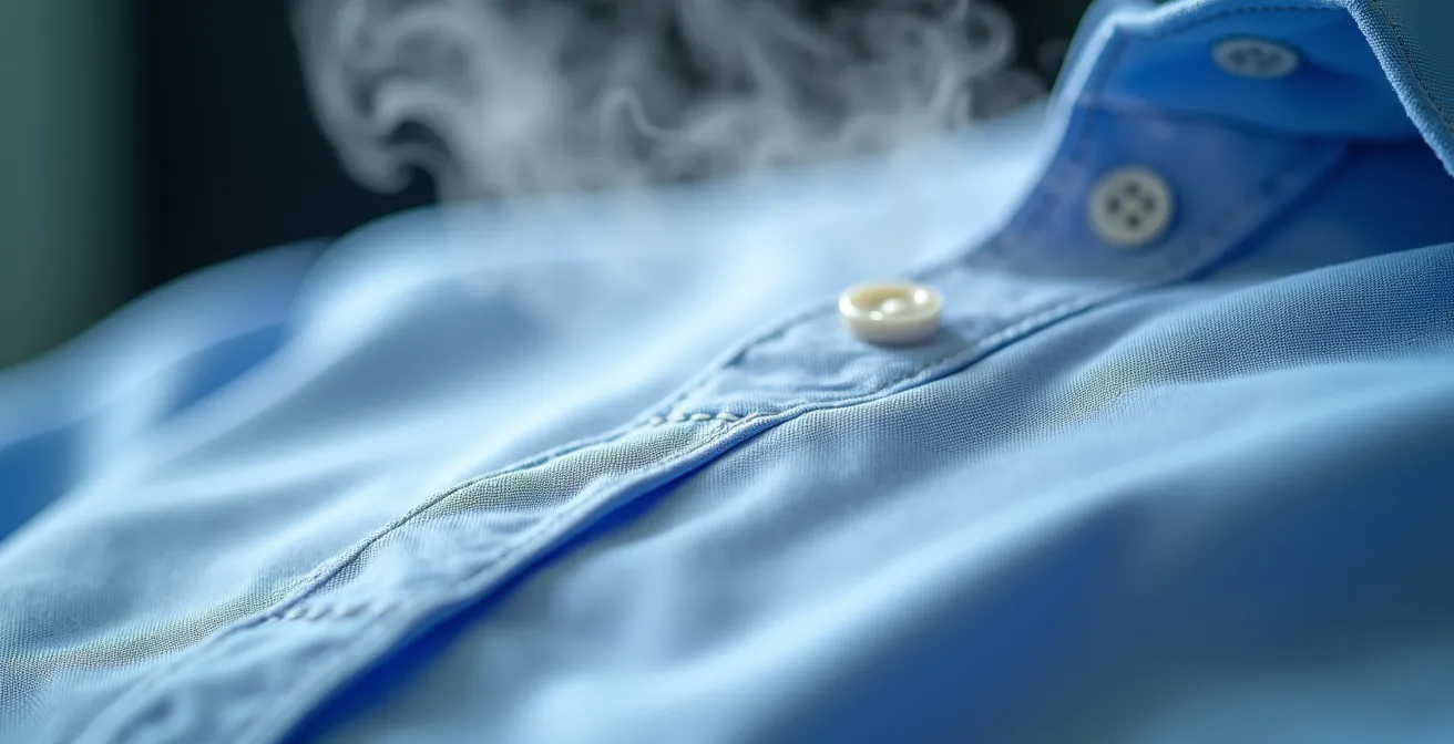 Macro dettaglio di vapore su tessuto di camicia con texture visibile