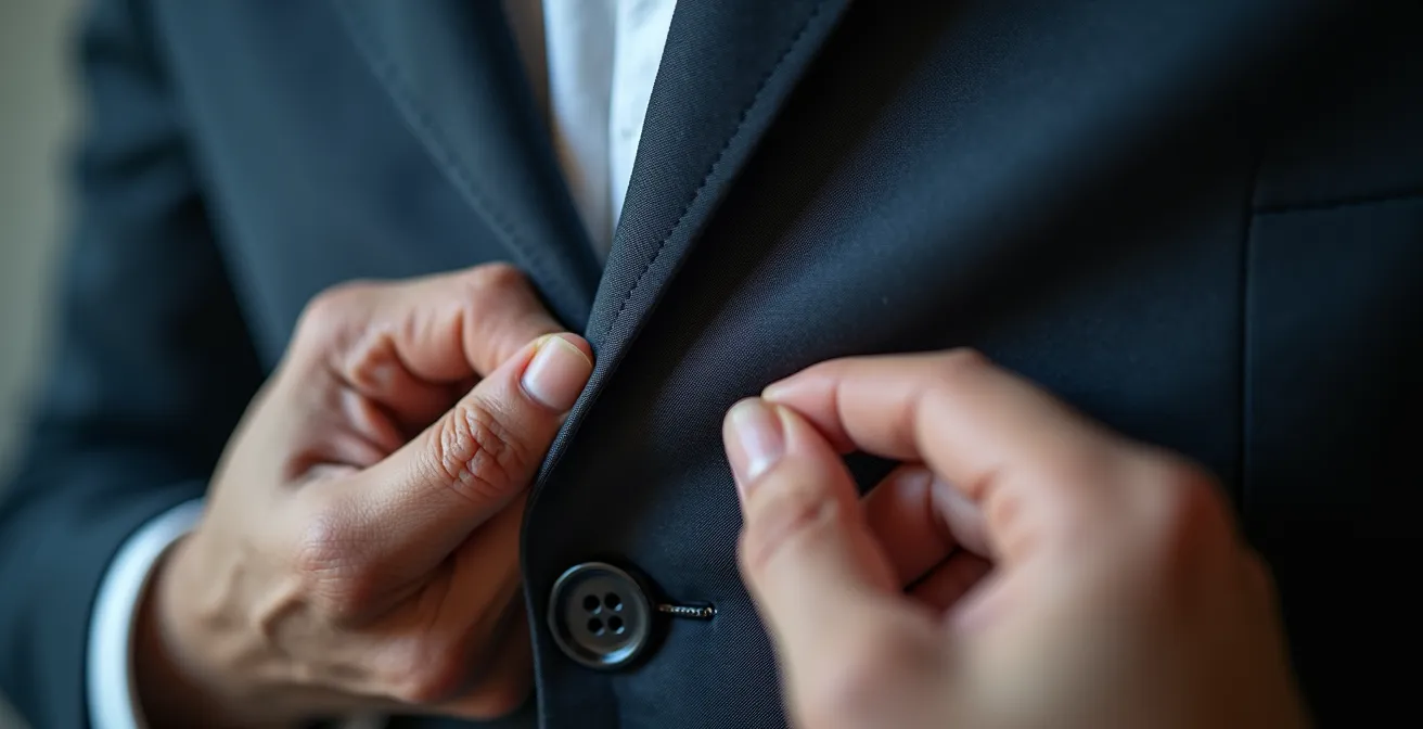 Dettaglio ravvicinato di tessuto che tira su una giacca, mani che aggiustano nervosamente l'abito
