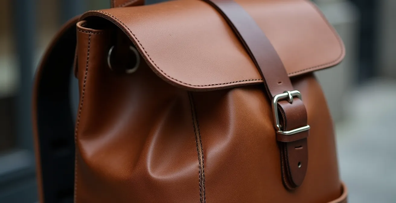 Zaino in pelle artigianale italiana aperto mostrando organizzazione interna per laptop e documenti